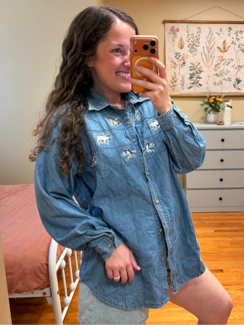 Vintage WWF Wildlife Animal Embroidered Denim Shirt Jacket - Blue Large